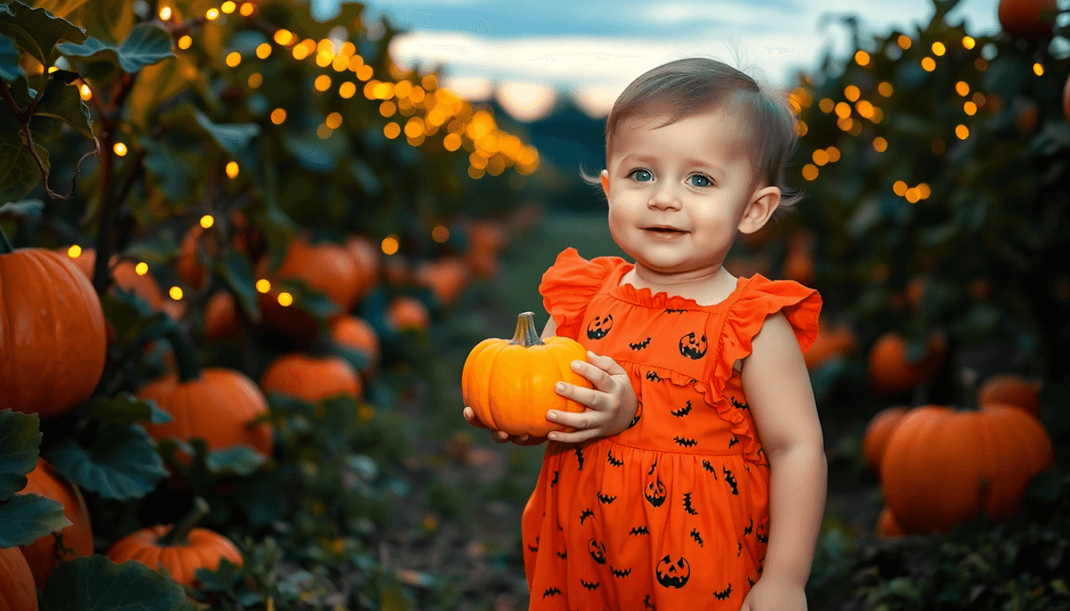 Toddler wearing one of the best toddler outfits for spooky season holding a small pumpkin in a pumpkin patch