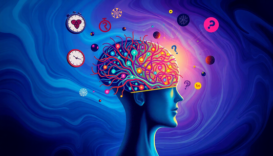 Abstract illustration of a human head with a colorful brain and symbols highlighting unique brain themed apparel