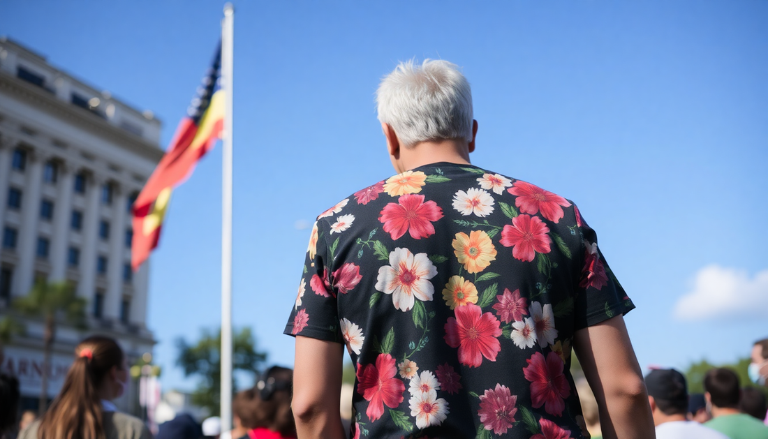 A person wearing a floral protest t-shirt in a crowd
