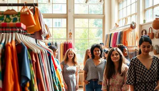 Women shopping in a bright boutique exploring sustainable fashion trends with colorful clothing racks