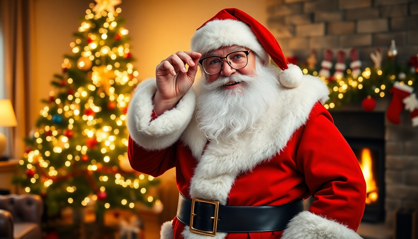Smiling man wearing a premium Santa Claus costume suit standing in a decorated living room with a Christmas tree