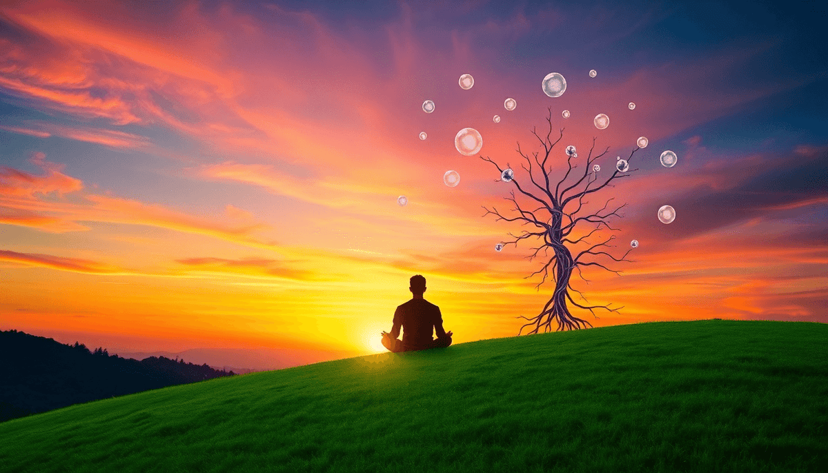 Person meditating on a green hill at sunset with a tree symbolizing mental health and fashion for mental health awareness