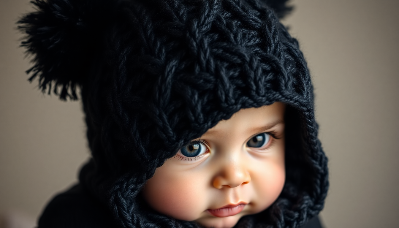 Close-up of a toddler wearing one of the best cable knit beanies for kids in dark blue with a pom-pom
