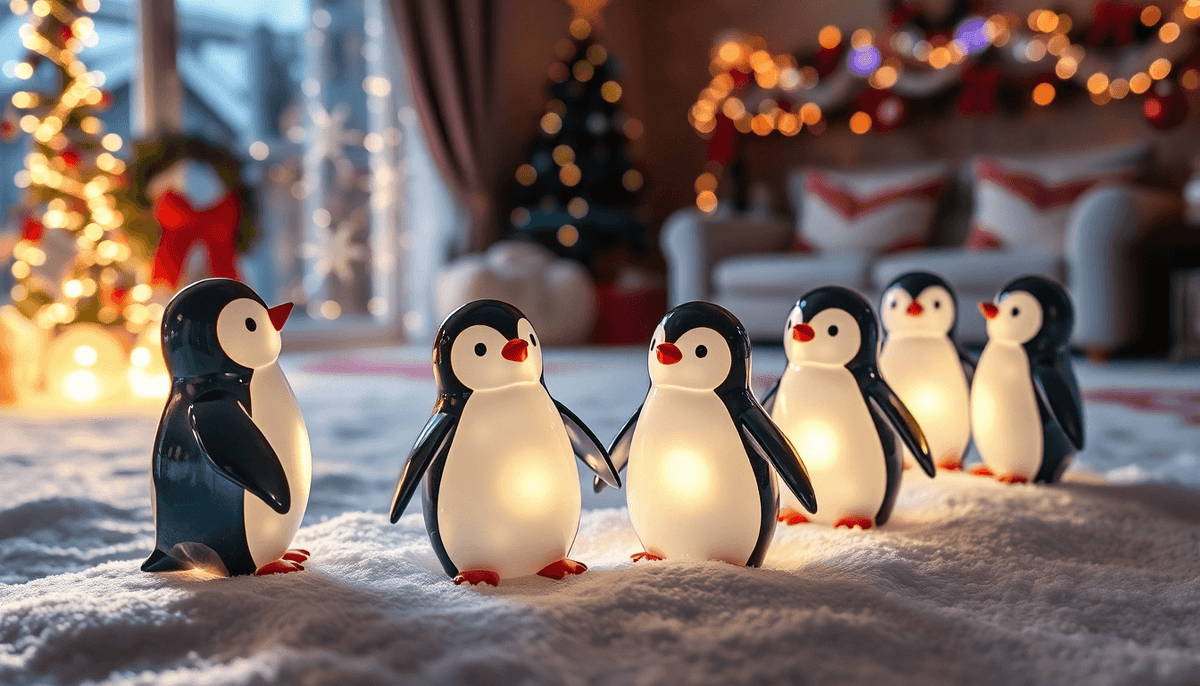 Acrylic penguin Christmas lights glowing warmly in a festive living room with holiday decorations