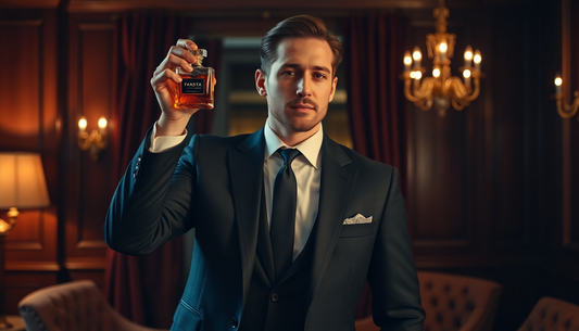 Mens EDT spray review LuckeLadybug featuring a man in a suit holding a luxury perfume bottle in an elegant room