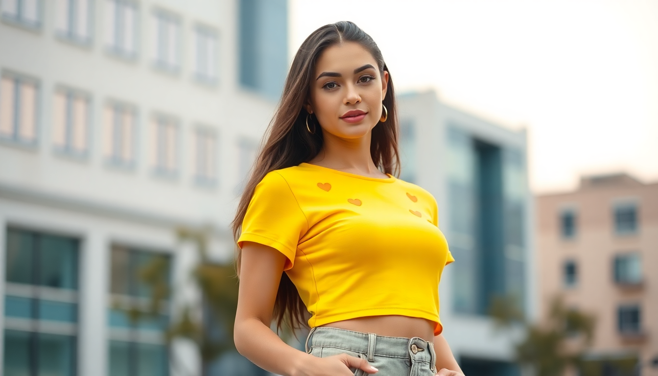 Young woman wearing a yellow crop top with heart patterns showcasing yellow hearts crop top outfit ideas outdoors