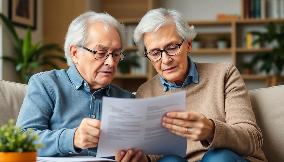 Elderly couple reviewing Social Security benefits paperwork