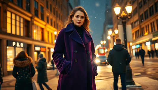 Woman wearing a purple coat on a city street showcasing the best bold coats for women 2024