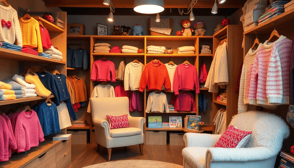 Cozy boutique displaying the best cozy sweaters for children in various colors on shelves and hangers