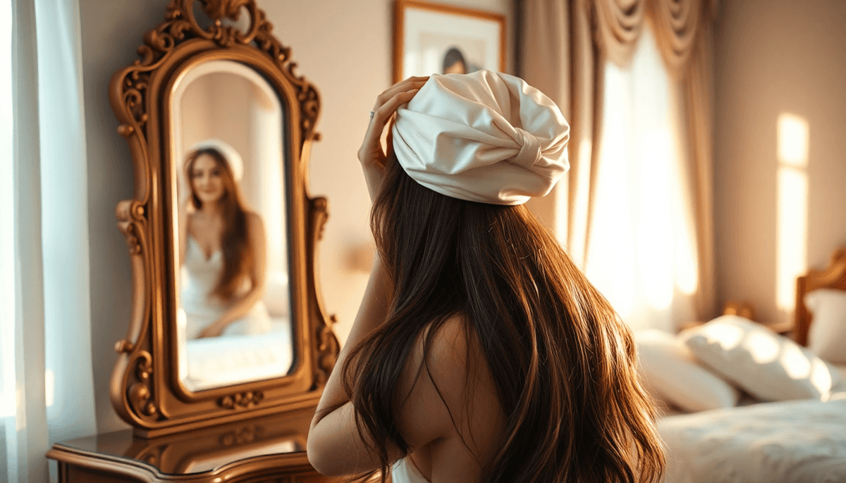 Woman wearing one of the best hair bonnets for healthy hair looking at her reflection in an ornate mirror