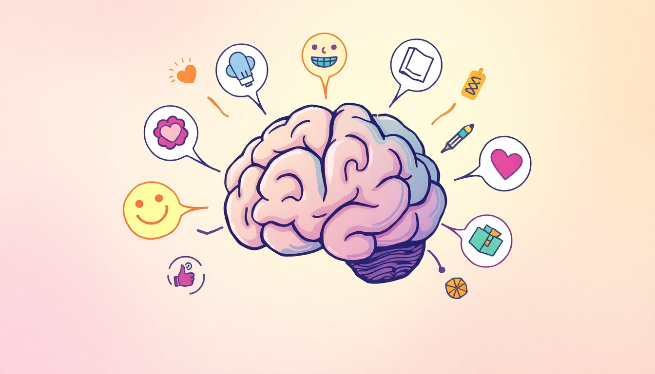 Illustration of a brain surrounded by icons representing emotions and mental health for quirky graphic tees for mental health