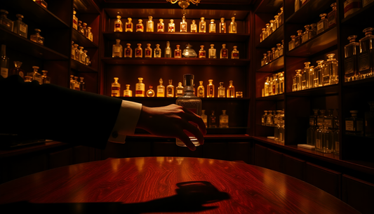 Man selecting luxury scents for men online from a wooden shelf filled with elegant perfume bottles