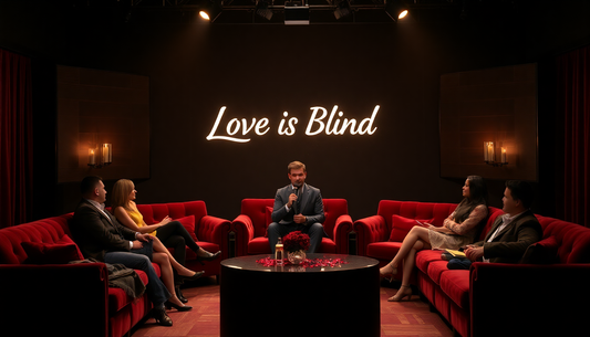 Love Is Blind reunion episode recap with cast sitting on red couches and host speaking on stage