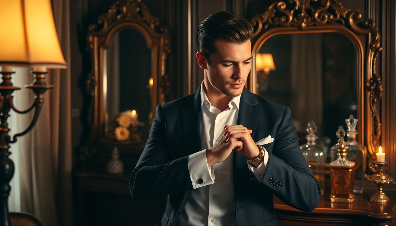 Well-dressed man preparing in elegant room symbolizing confidence for long-lasting colognes for men