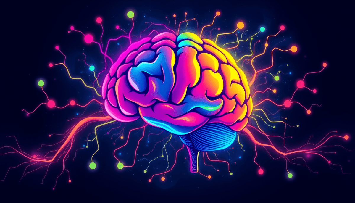 Colorful digital illustration of a brain with electric connections inspired by brainpower shirt for psychology lovers