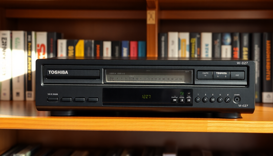 Toshiba vintage VHS player on wooden shelf among books highlighting the best vintage VHS players 2024