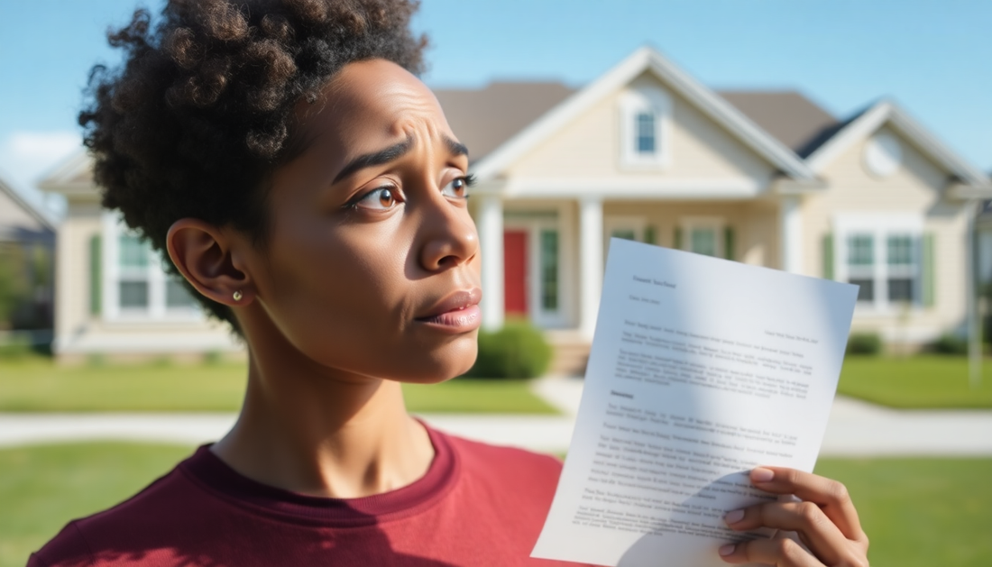 A worried homeowner receiving foreclosure notice from HOA