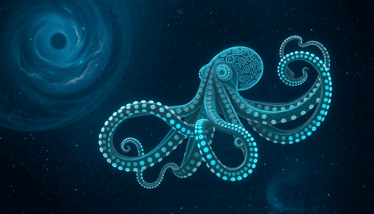 Digital illustration of a glowing galactic octopus floating in space for galactic octopus shirt review