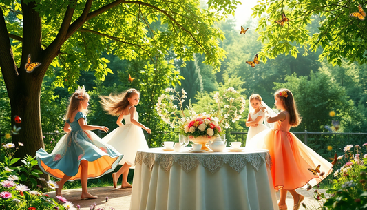Four girls wearing the best summer dress styles for kids dancing outdoors around a table with flowers