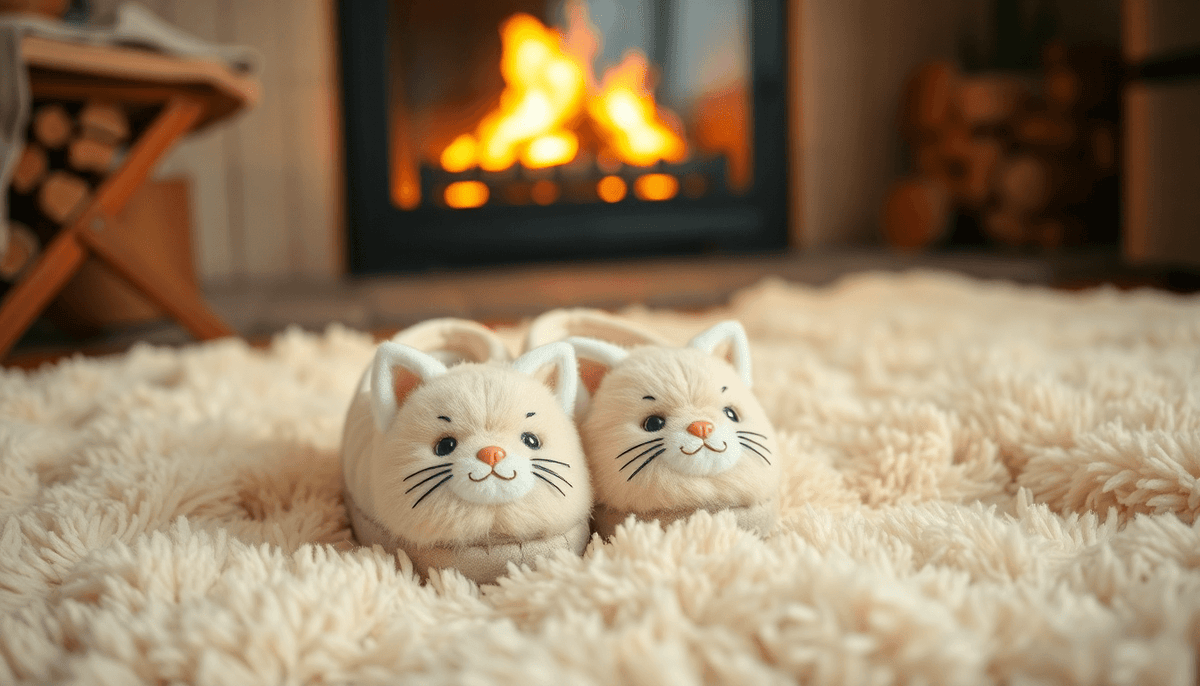 Cozy cute kitten slippers for adults placed on a fluffy rug in front of a warm fireplace