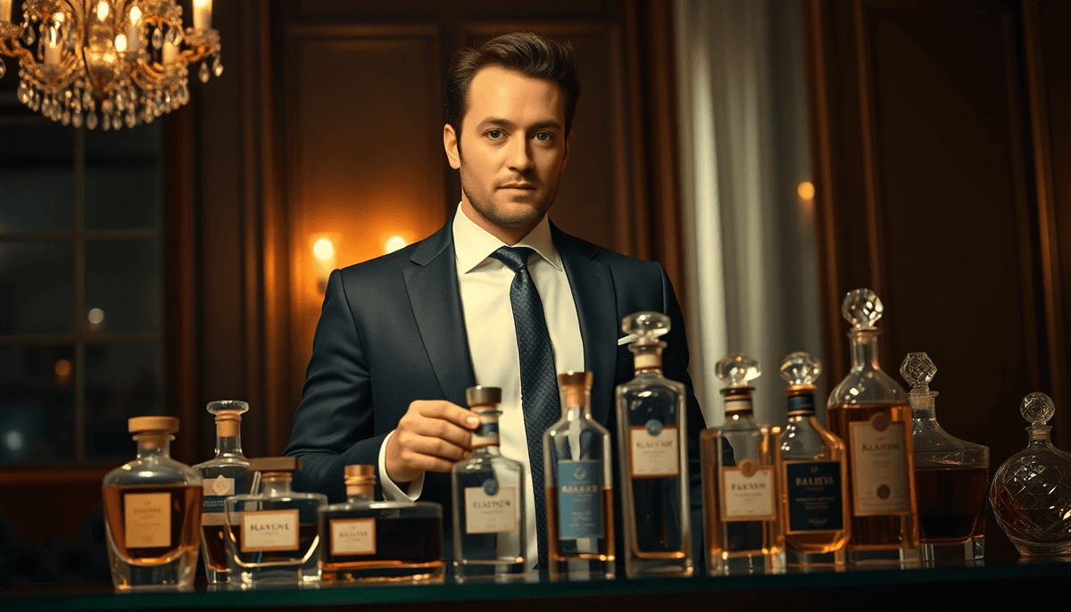 Man in suit presenting a collection of top rated colognes for men 2024 displayed on a table