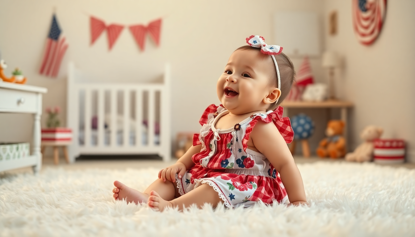 Smiling baby wearing a floral plaid bubble romper for toddlers sitting on a soft carpet in a decorated nursery