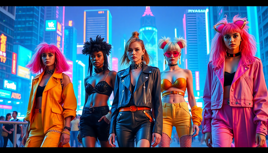 Five women showcasing bold urban outfits in neon city lights for a trendsetting style guide for women