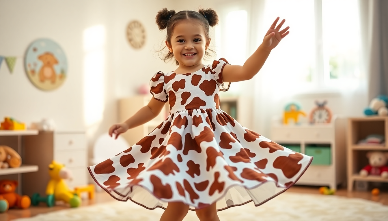 Happy little girl twirling in a brown cow print girl dress in a bright playroom