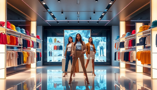 Three stylish women in a modern clothing store showcasing how to style modular clothing with versatile outfits