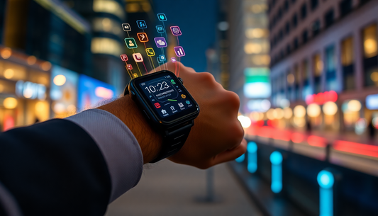 Smartwatch displaying various app icons on wrist showcasing tech integrated wearables fashion in urban night setting