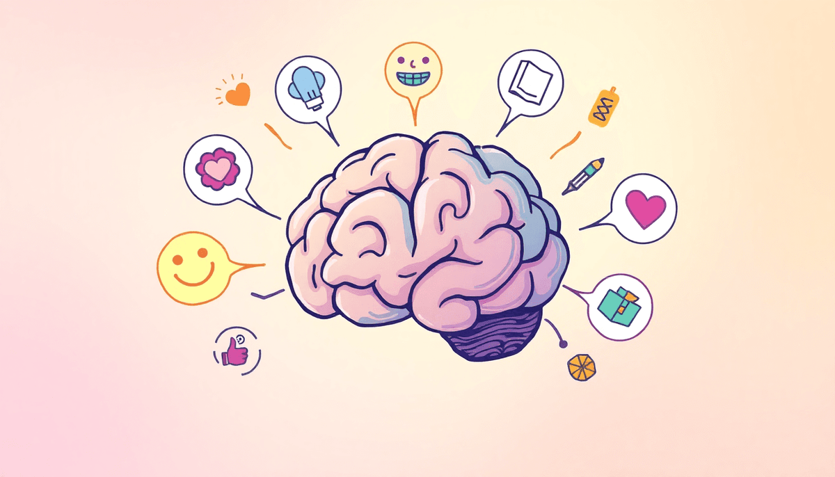 Illustration of a brain surrounded by icons representing emotions and mental health for quirky graphic tees for mental health