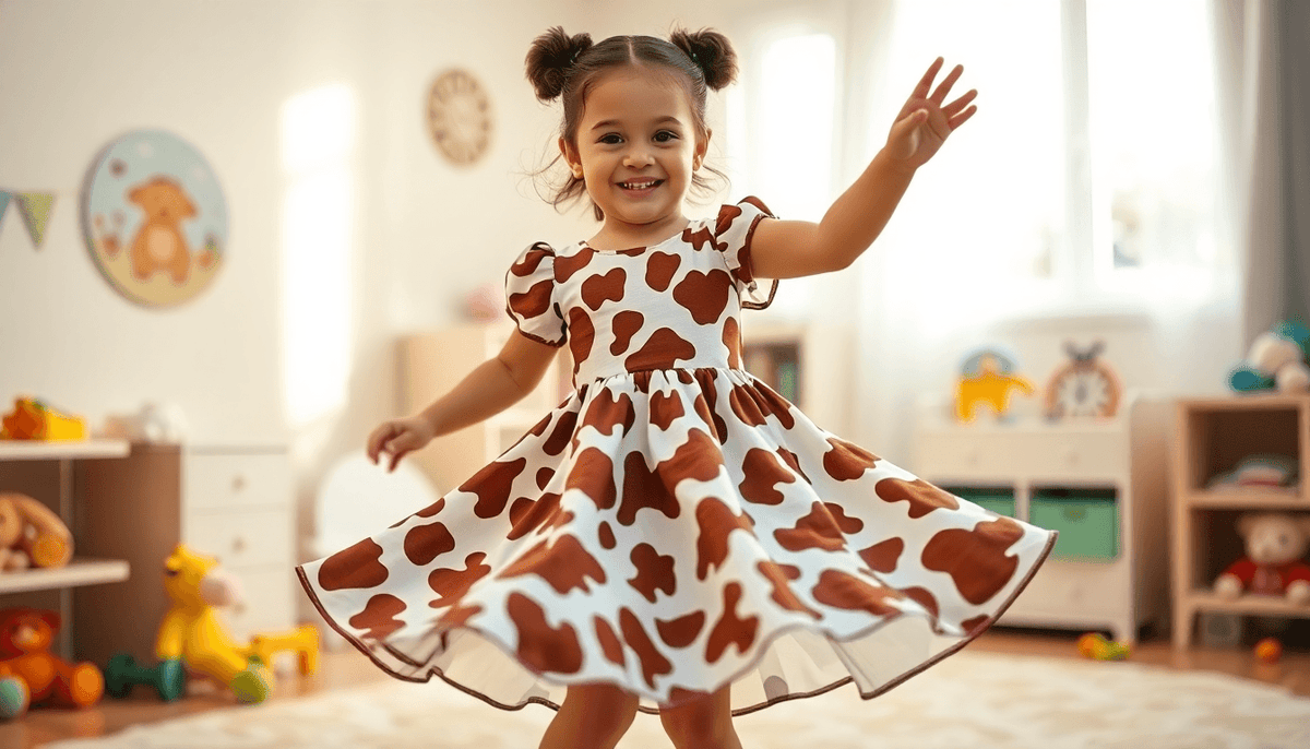 Happy little girl twirling in a brown cow print girl dress in a bright playroom