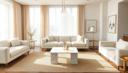 Minimalist living room with neutral tones and elegant furniture showcasing quiet luxury fashion trends 2024 lifestyle