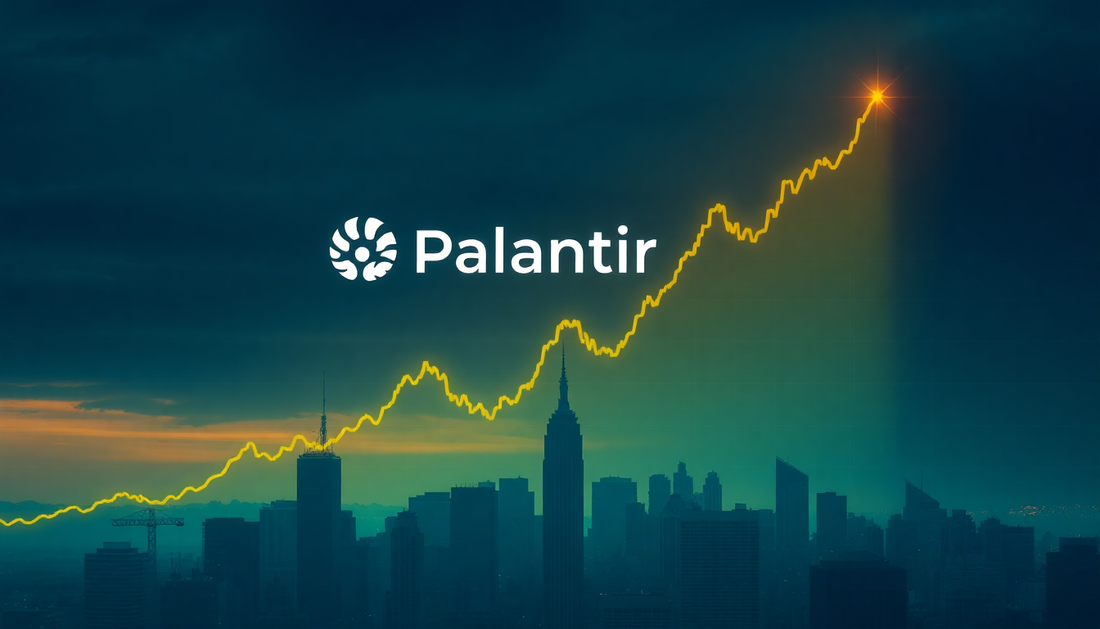 A rising stock chart with Palantir logo and US skyline