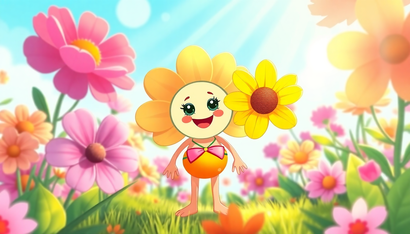 Cute flower character swimwear for women standing happily in a colorful garden full of blooming flowers