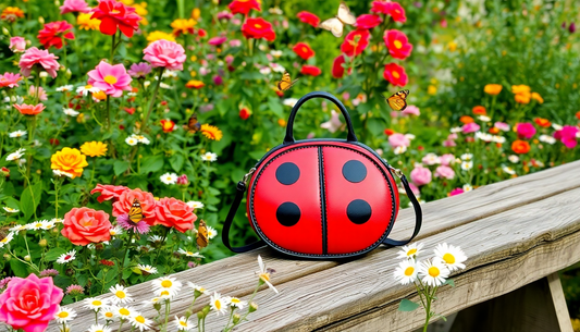 Red ladybug shaped handbag displayed on wooden bench with colorful flowers highlighting unique nature-inspired accessories