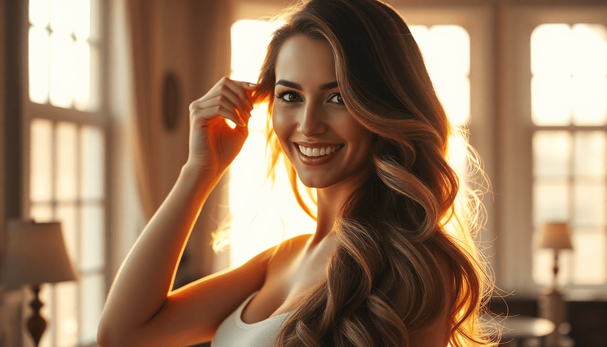 Smiling woman with long wavy hair showcasing closure wigs for confidence in natural light