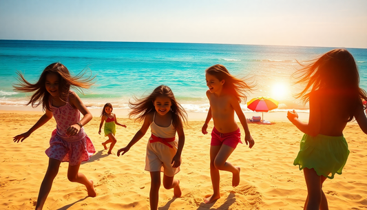 Girls wearing stylish summer clothes for girls running and playing on a sunny beach near the ocean