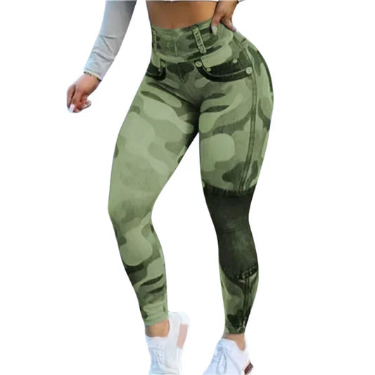 Woman wearing high waisted camo leggings for women with green camouflage pattern and white sneakers