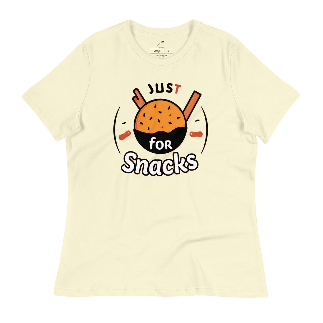 Just Here For Snacks T-Shirt featuring a playful graphic design of snacks and relatable text
