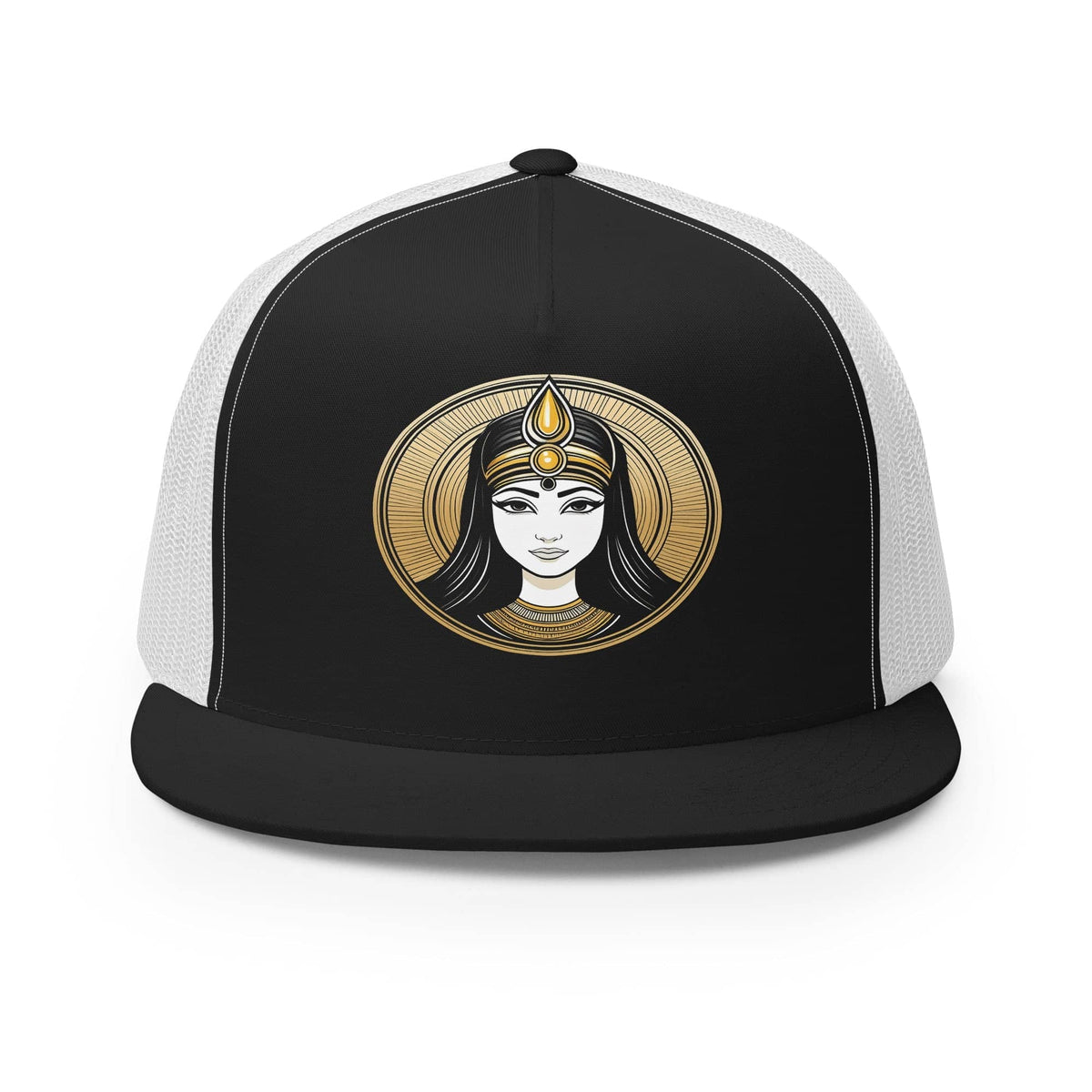 Black and white trucker hats featuring a graphic design of a stylized female face with golden accents