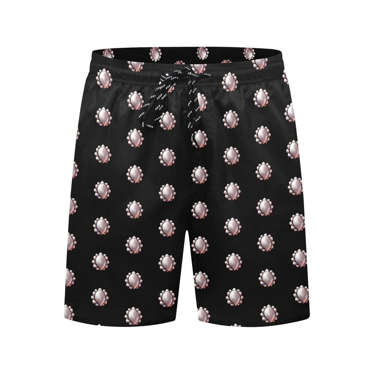 Black swim trunks with an all-over pattern of seashells and a drawstring waistband