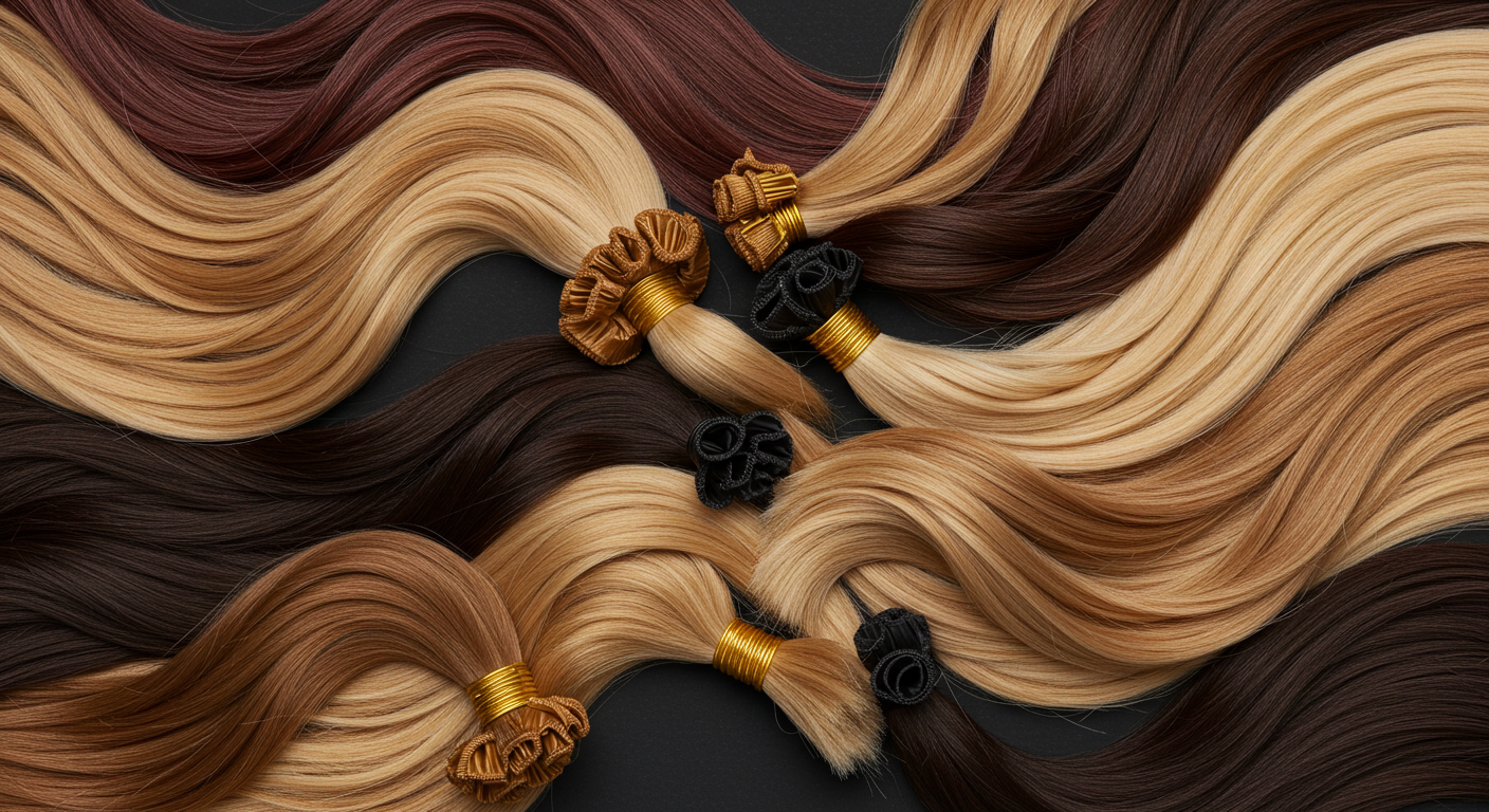 Fashion hair extensions collection showing various lengths and textures in blonde, brown, and black shades