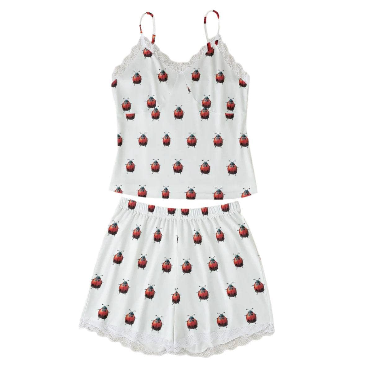 White cami set with playful ladybug print, lace trim, adjustable straps, and matching shorts for comfort and style