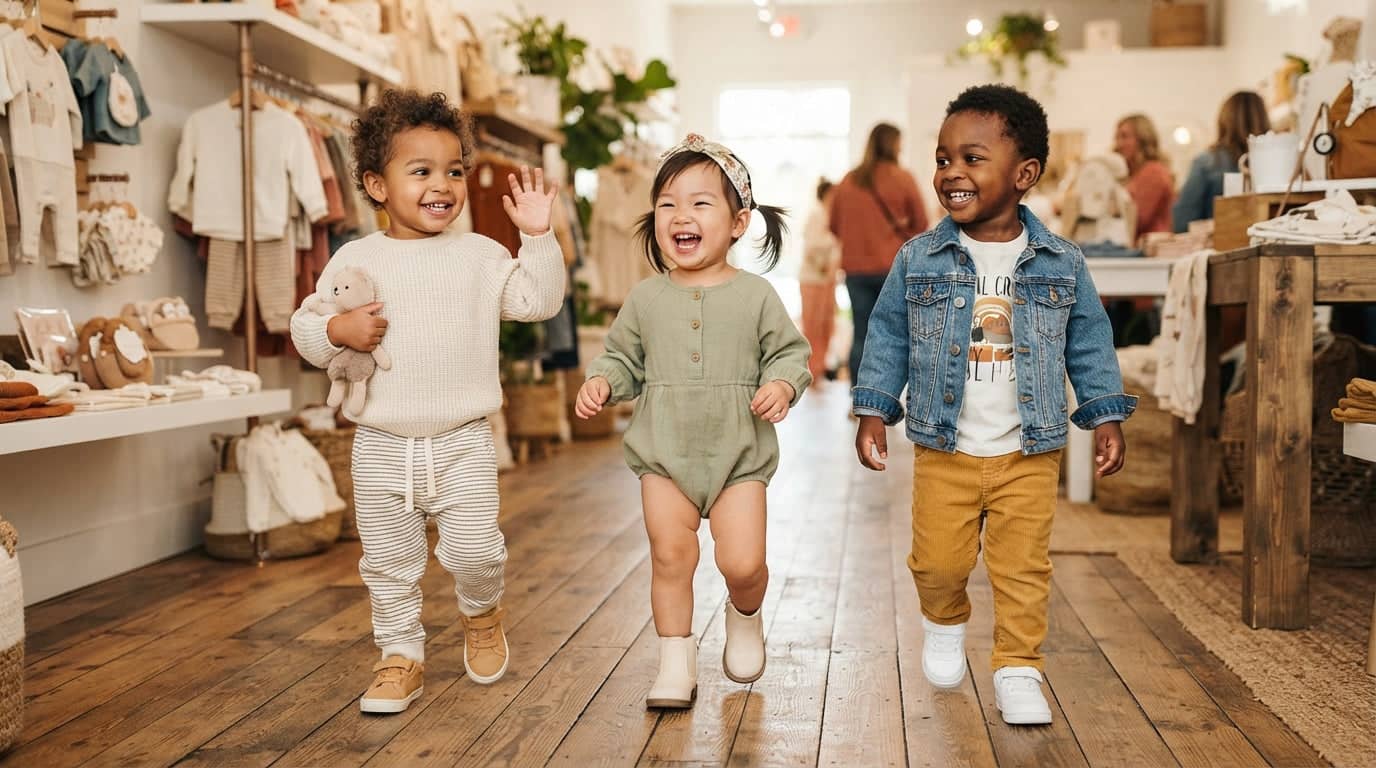 Joyful kids wearing stylish baby clothing while shopping in a trendy store