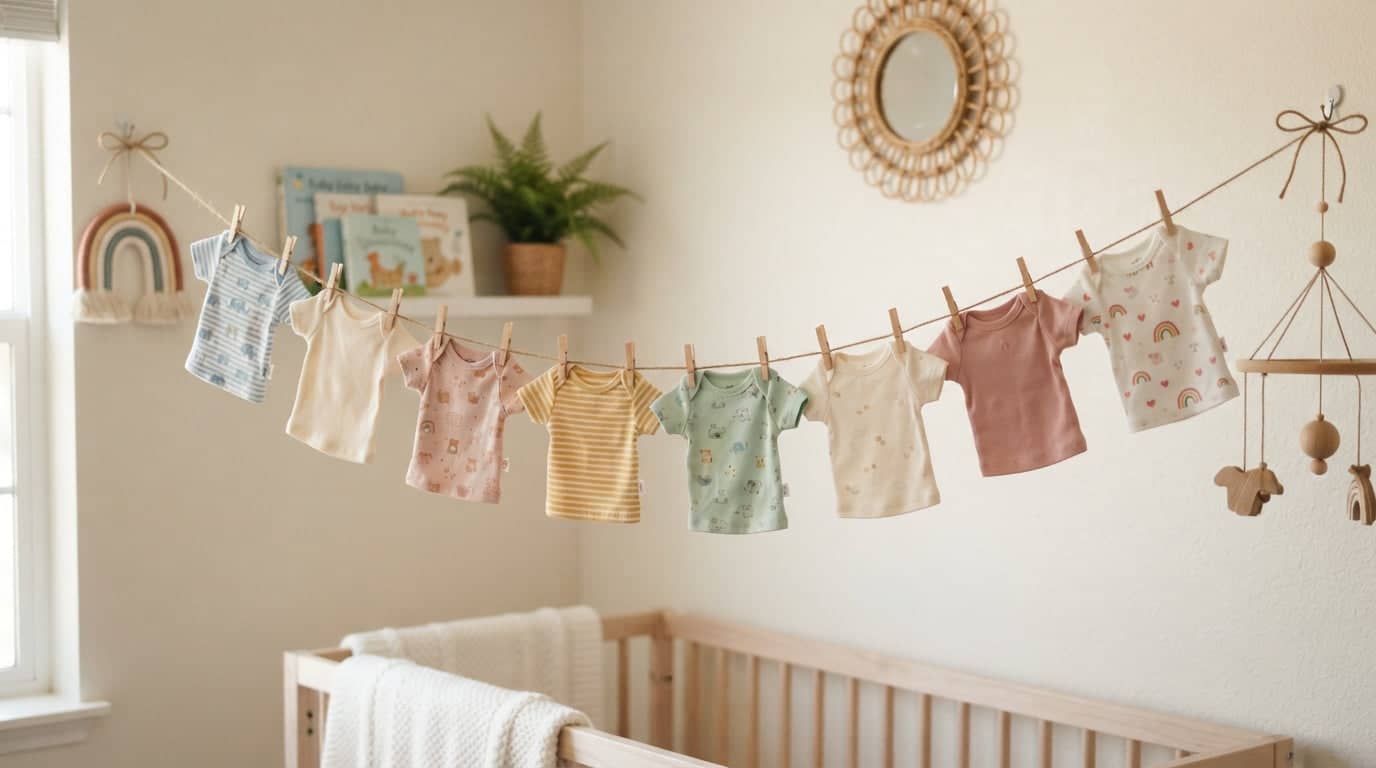 Colorful Baby T-Shirts hanging on a clothesline in a cozy nursery setting