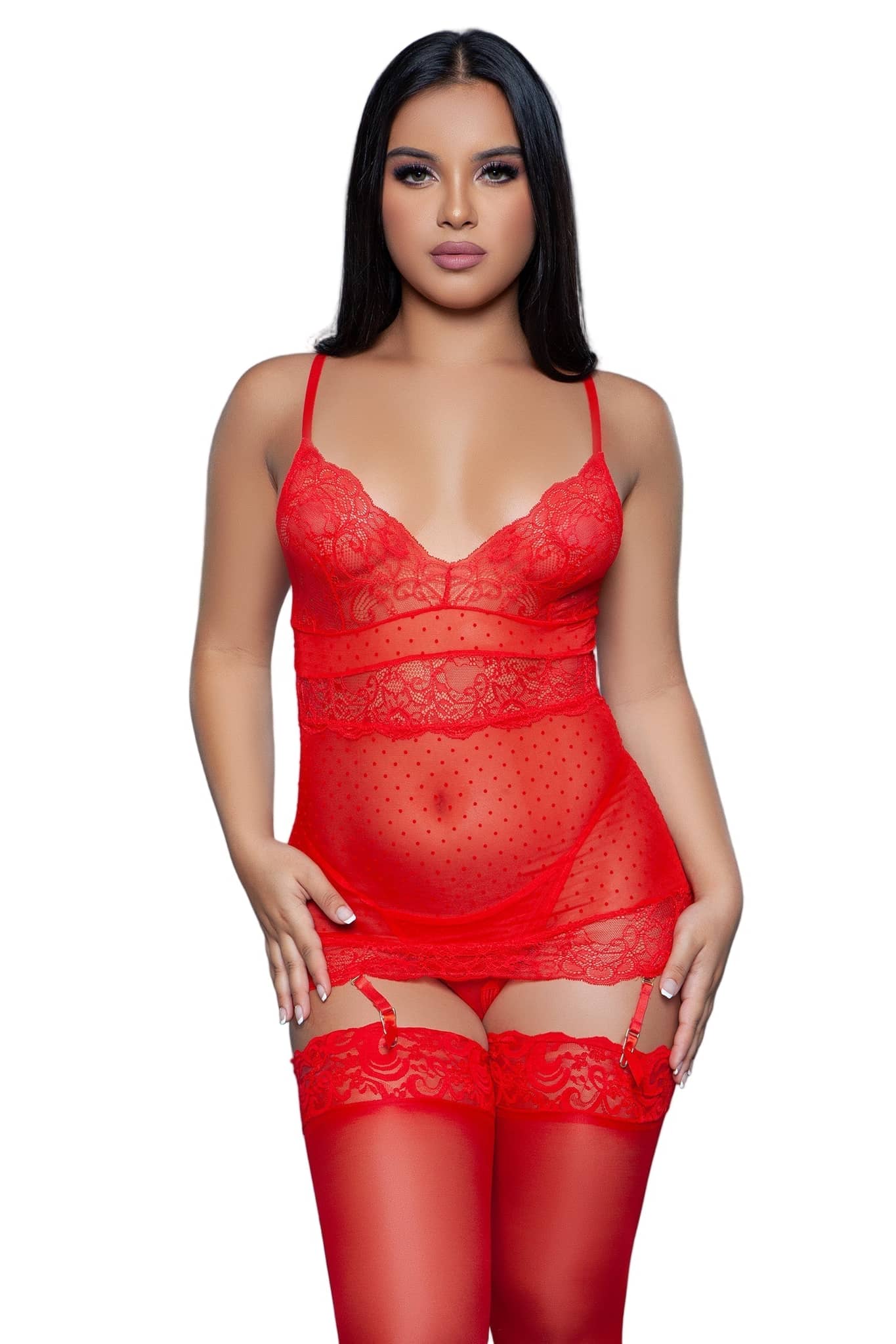 Chemise collection image model wearing red lace chemise with garter straps and matching stockings