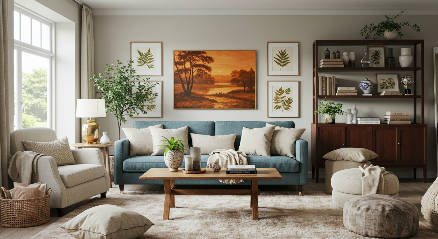 Whimsical fantasy forest scene wall art with glowing mushrooms and cozy tree houses for home decor