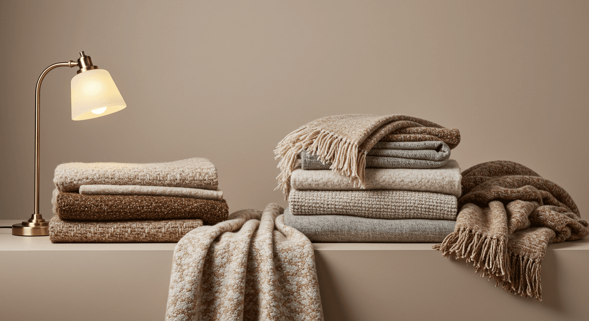 Cozy collection of throw blankets stacked with warm tones perfect for any living space