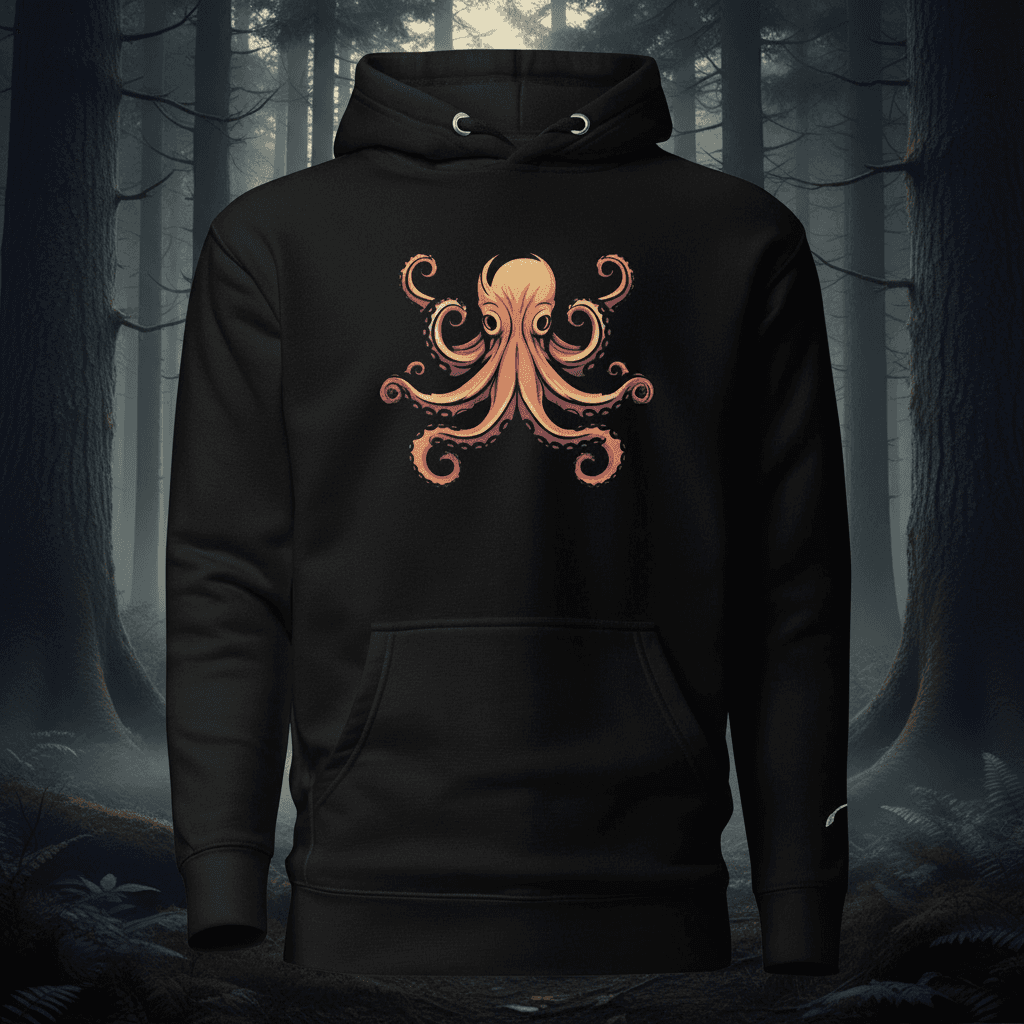 Black Mens Hoodies with a detailed orange octopus graphic on the front and a kangaroo pocket